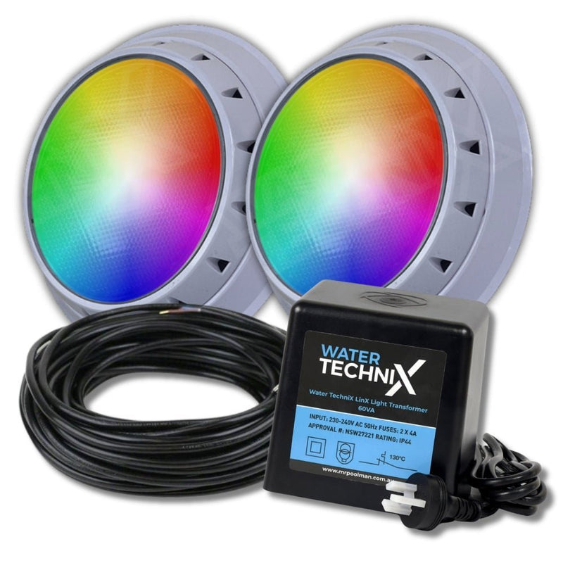 Water TechniX LED Pool Light Vivid Bundle - 2 x Multi Colour + Transformer + 40m Cable - Mr Pool Man